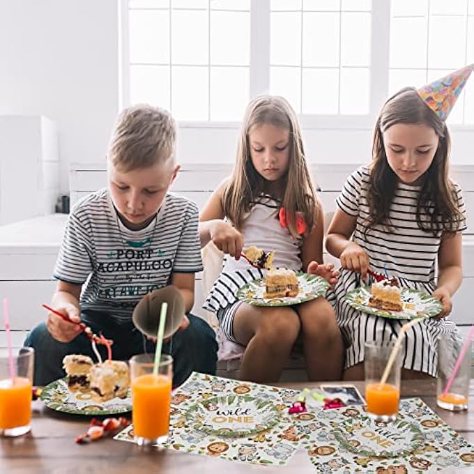 WILD ONE BIRTHDAY TABLEWARE SET, 40 PIECES 1 YEAR JUNGLE ANIMALS PAPER PLATES NAPKINS, 20 NAPKINS AND 20 PAPER PLATES JUNGLE BIRTHDAY TABLEWARE KIT, FOR BOYS & GIRLS, JUNGLE - Image 5